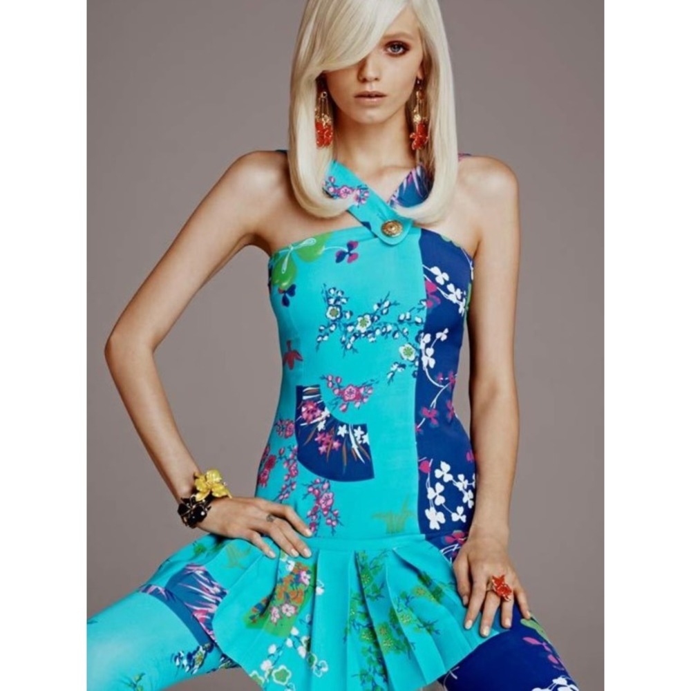 Versace H&M Womens 2 Blue Floral 100% Silk Mini Dress Pleated Gold Button - Picture 2 of 11